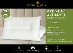 Ultimate Sleep Bamboo Filled Pillow (Pack of 2) Standard Size Ergonomic Bed Pillows with Zipper, Virgin Hollowfiber Fill, Hypoallergenic, Breathable Cervical Neck Support for Side Sleepers