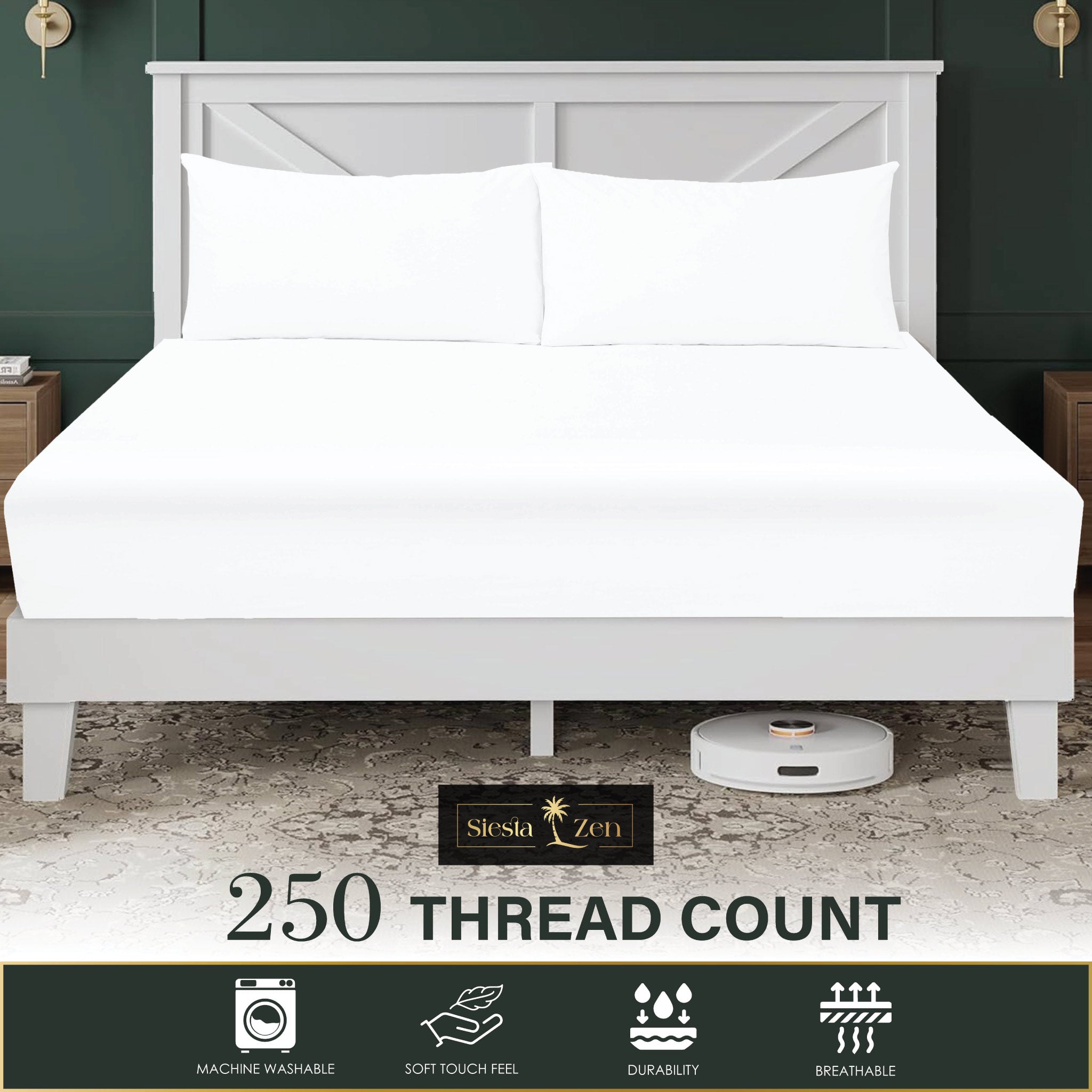 Siesta Zen 3 Piece Cotton Rich Fitted Sheet Set, 250 Thread count, 30cm Deep Pocket, Ultra Soft & Wrinkle Resistant