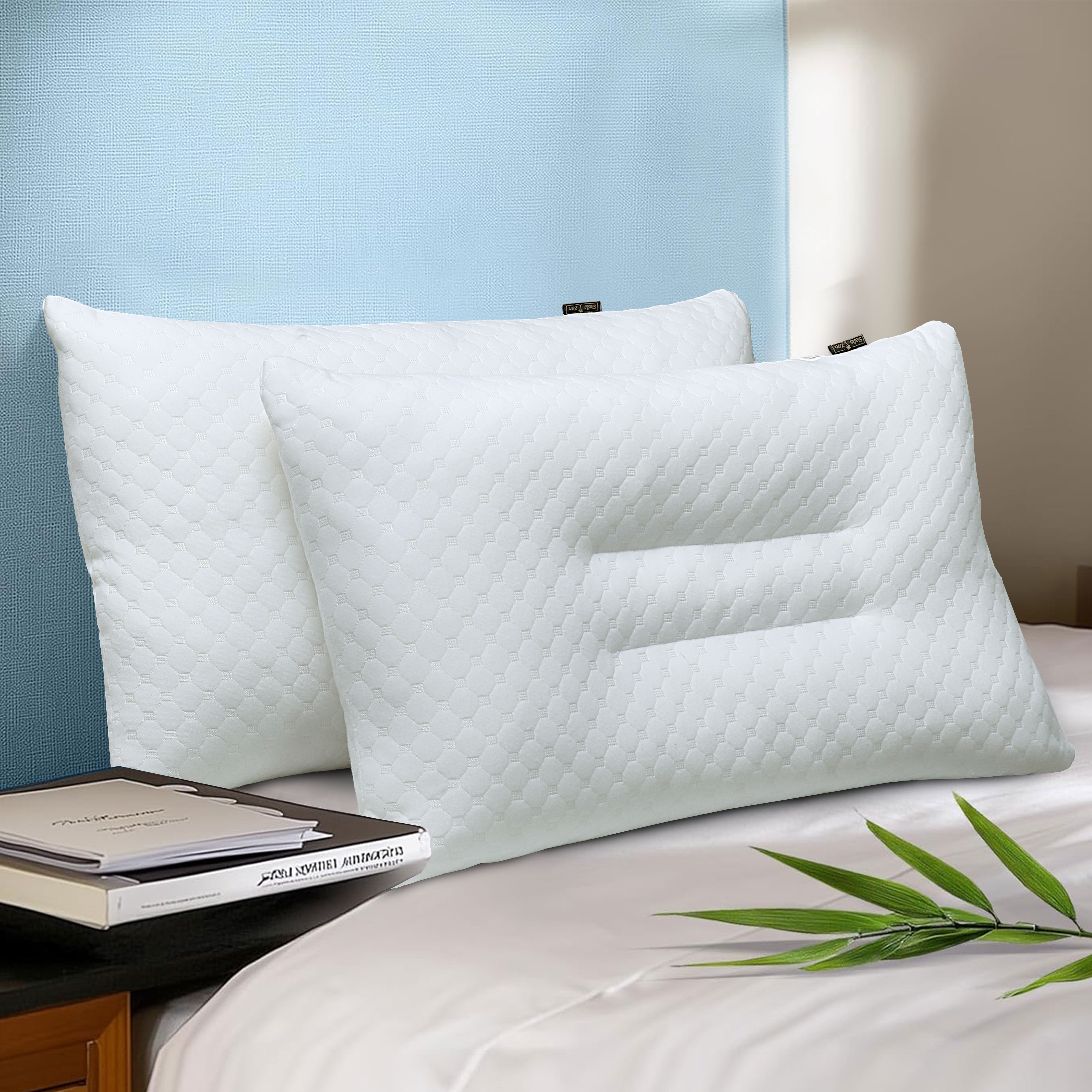 Siesta Zen Gentle Cervical Bamboo Air Flow Neck Support Pillow Filled with Vergin Hollowfiber Odorless, Ergonomic Contour Design for Neck & Spine Alignment Soft, Hypoallergenic (2, Standard Size)