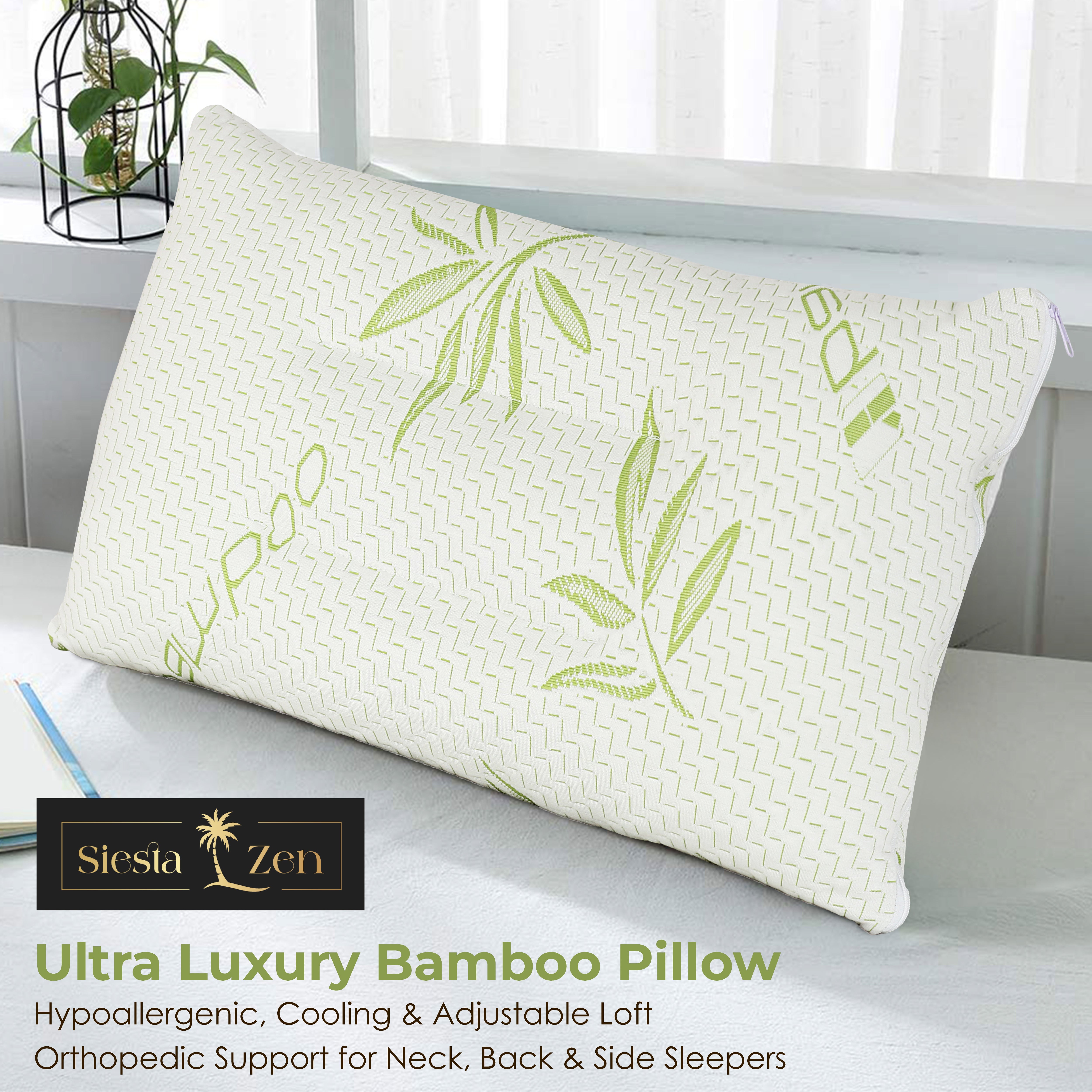 Ultimate Sleep Bamboo Filled Pillow (Pack of 2) Standard Size Ergonomic Bed Pillows with Zipper, Virgin Hollowfiber Fill, Hypoallergenic, Breathable, Cervical Neck Support for Side Sleepers (2, Green)