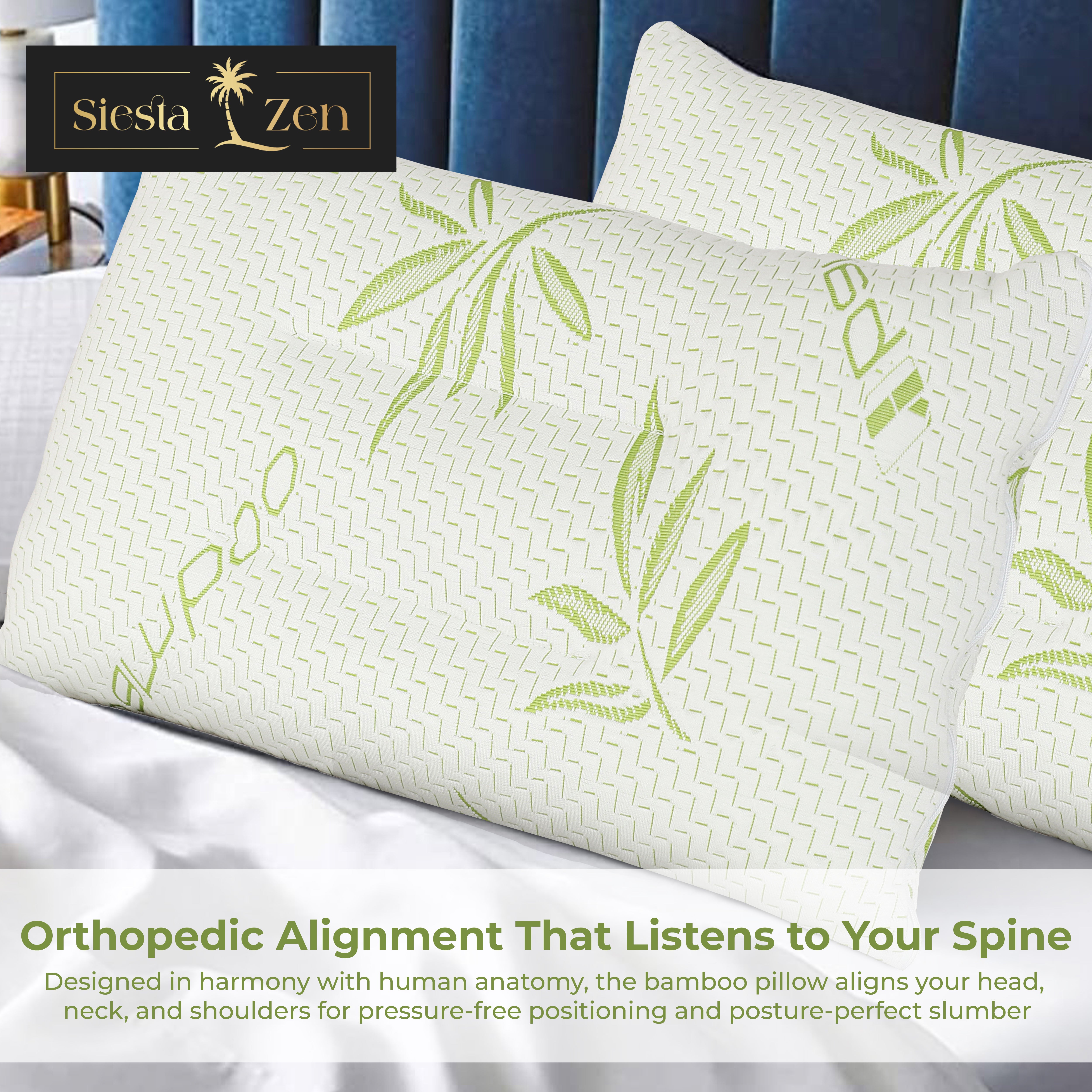 Ultimate Sleep Bamboo Filled Pillow (Pack of 2) Standard Size Ergonomic Bed Pillows with Zipper, Virgin Hollowfiber Fill, Hypoallergenic, Breathable, Cervical Neck Support for Side Sleepers (2, Green)