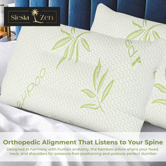 Ultimate Sleep Bamboo Filled Pillow (Pack of 2) Standard Size Ergonomic Bed Pillows with Zipper, Virgin Hollowfiber Fill, Hypoallergenic, Breathable, Cervical Neck Support for Side Sleepers (2, Green)