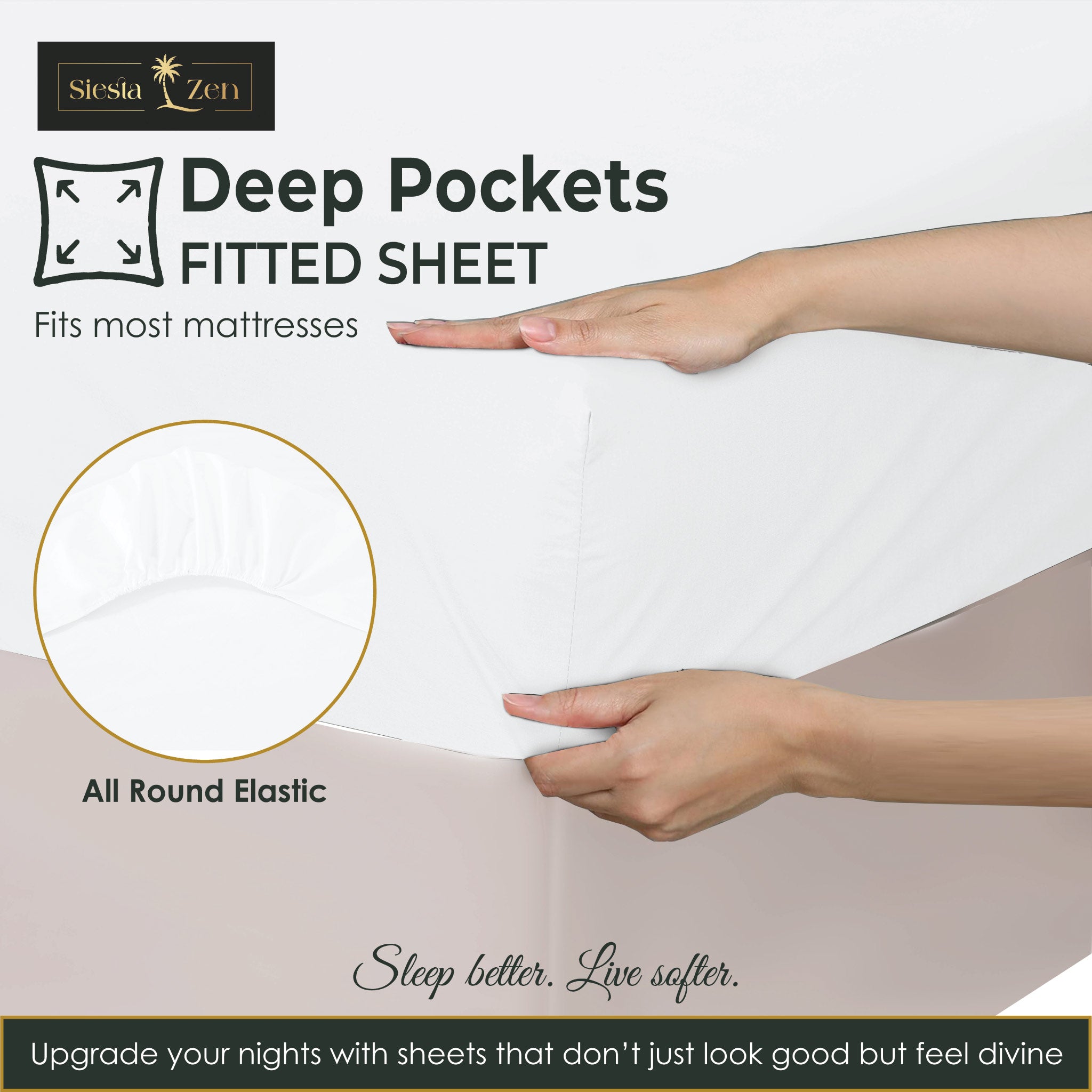 Siesta Zen 3 Piece Cotton Rich Fitted Sheet Set, 250 Thread count, 30cm Deep Pocket, Ultra Soft & Wrinkle Resistant