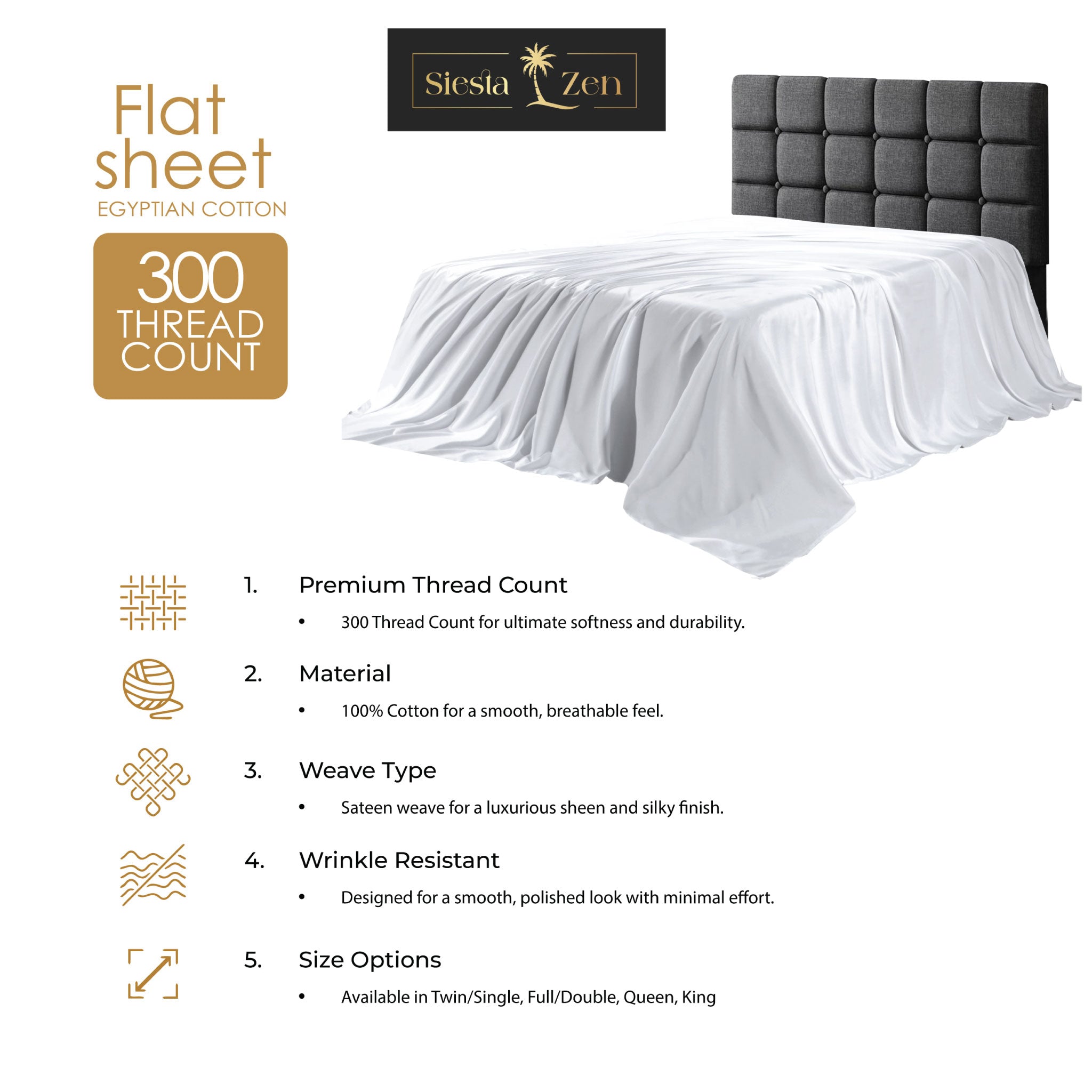 Siesta Zen 100% Egyptian Cotton Flat Bed Sheet 300 Thread Count Percale Weave, Soft, Breathable & Hotel Quality Bedding