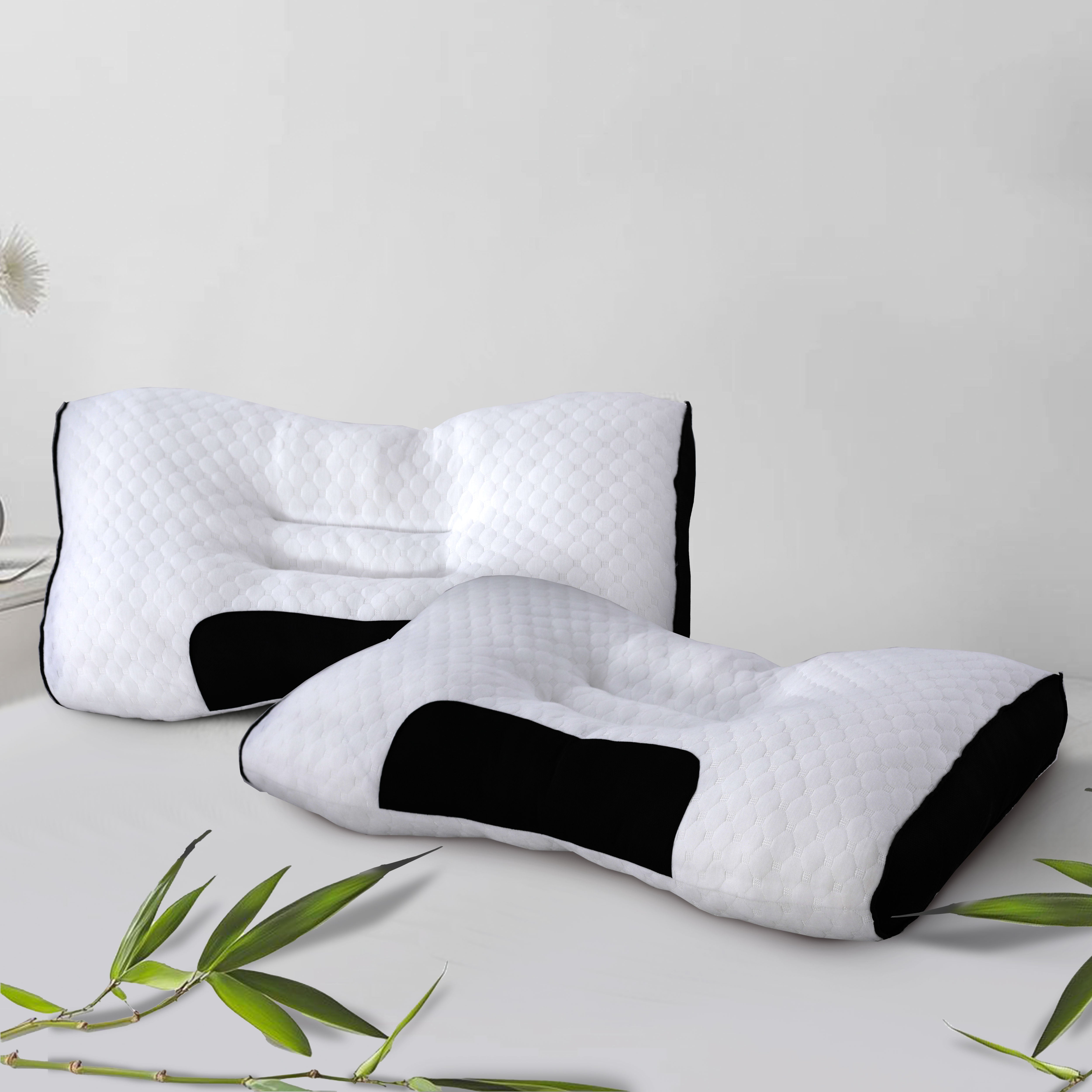 Bamboo Filled Pillow (Pack of 2) Standard Size Ergonomic Bed Pillows with Zipper, Virgin Hollow Fiber, Hypoallergenic, Breathable, Cervical Neck Support for Side Sleepers (2, White/AirFlow)