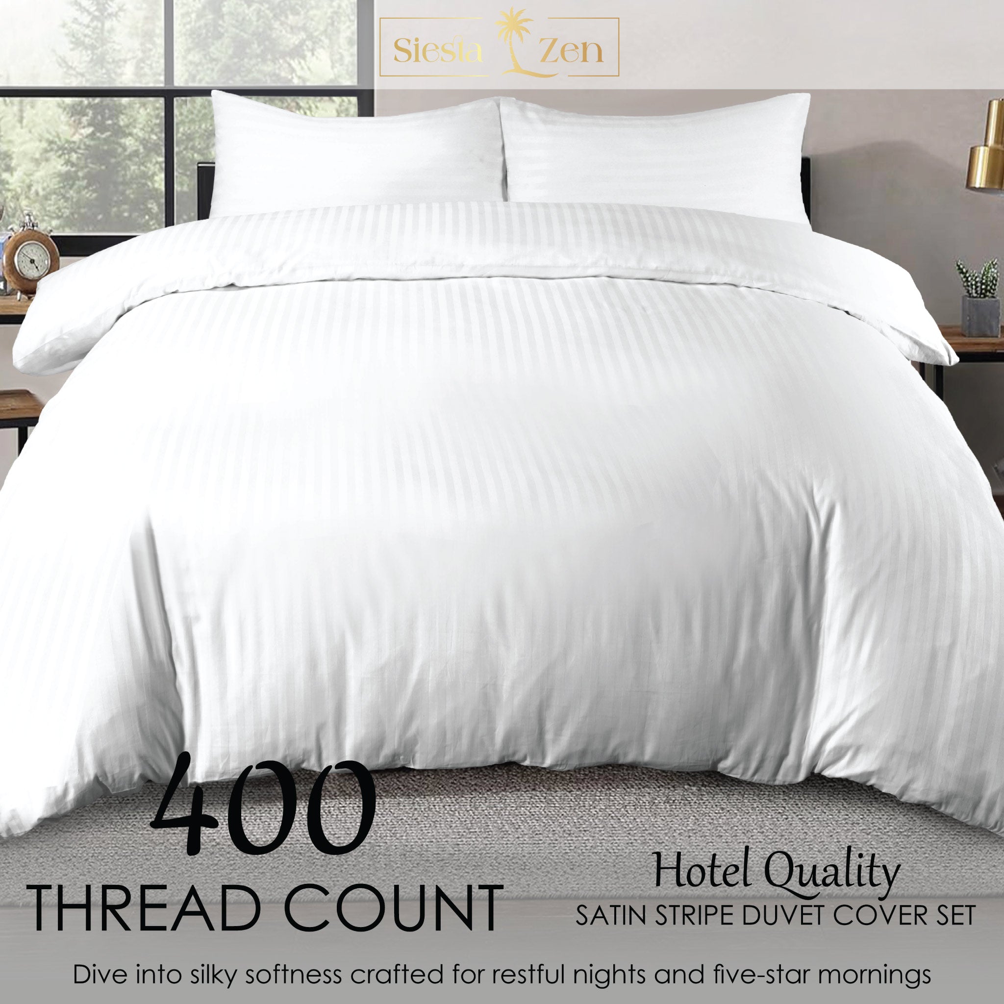 Siesta Zen 100% Cotton Hotel Luxury Sateen Duvet Cover Set, 2cm Satin Stripe, Ultra-Soft, Breathable & Hypoallergenic