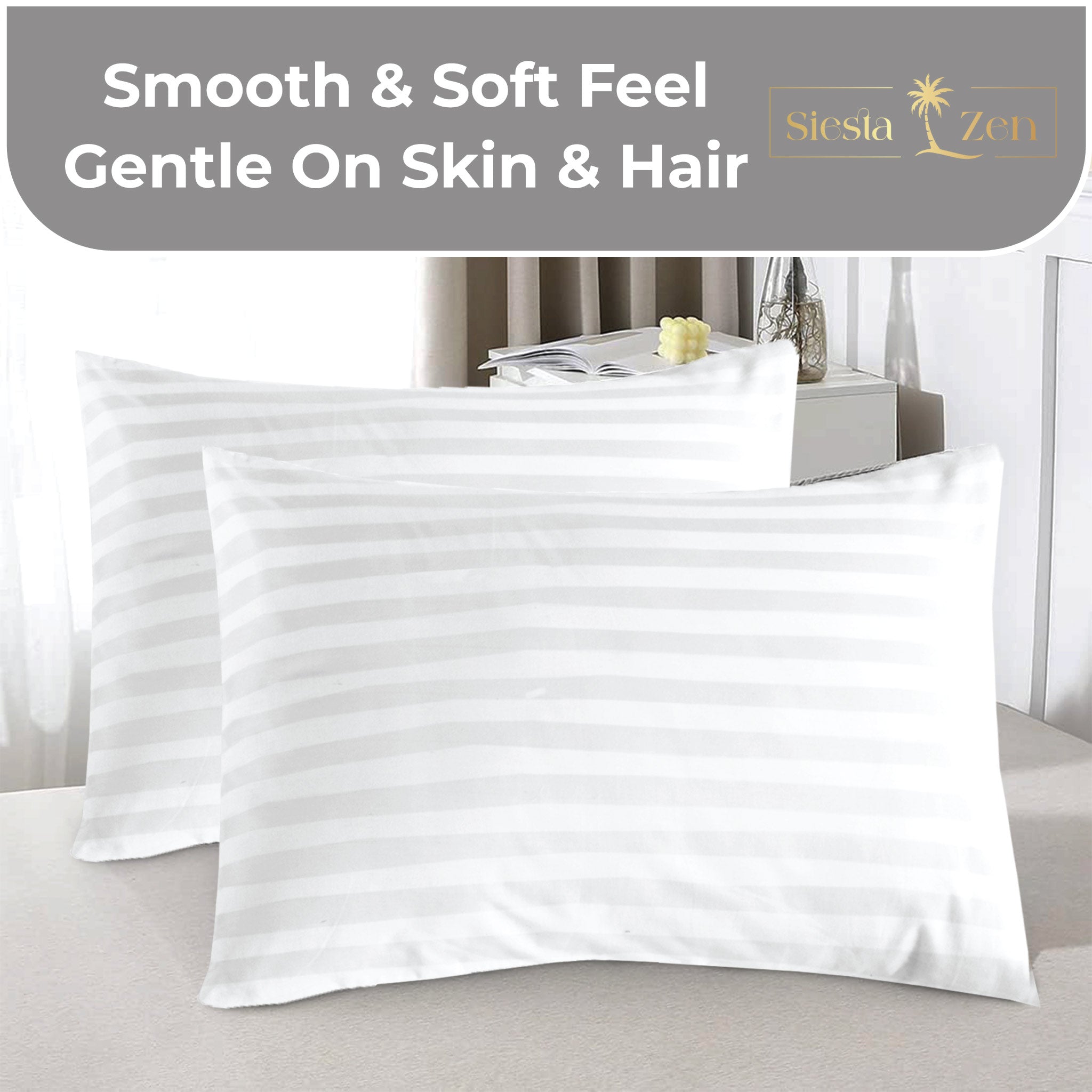Siesta Zen 100% Cotton Luxury Hotel Sateen Pillow Covers (Pair) 2cm Satin Stripe, Ultra-Soft, Breathable & Hypoallergenic