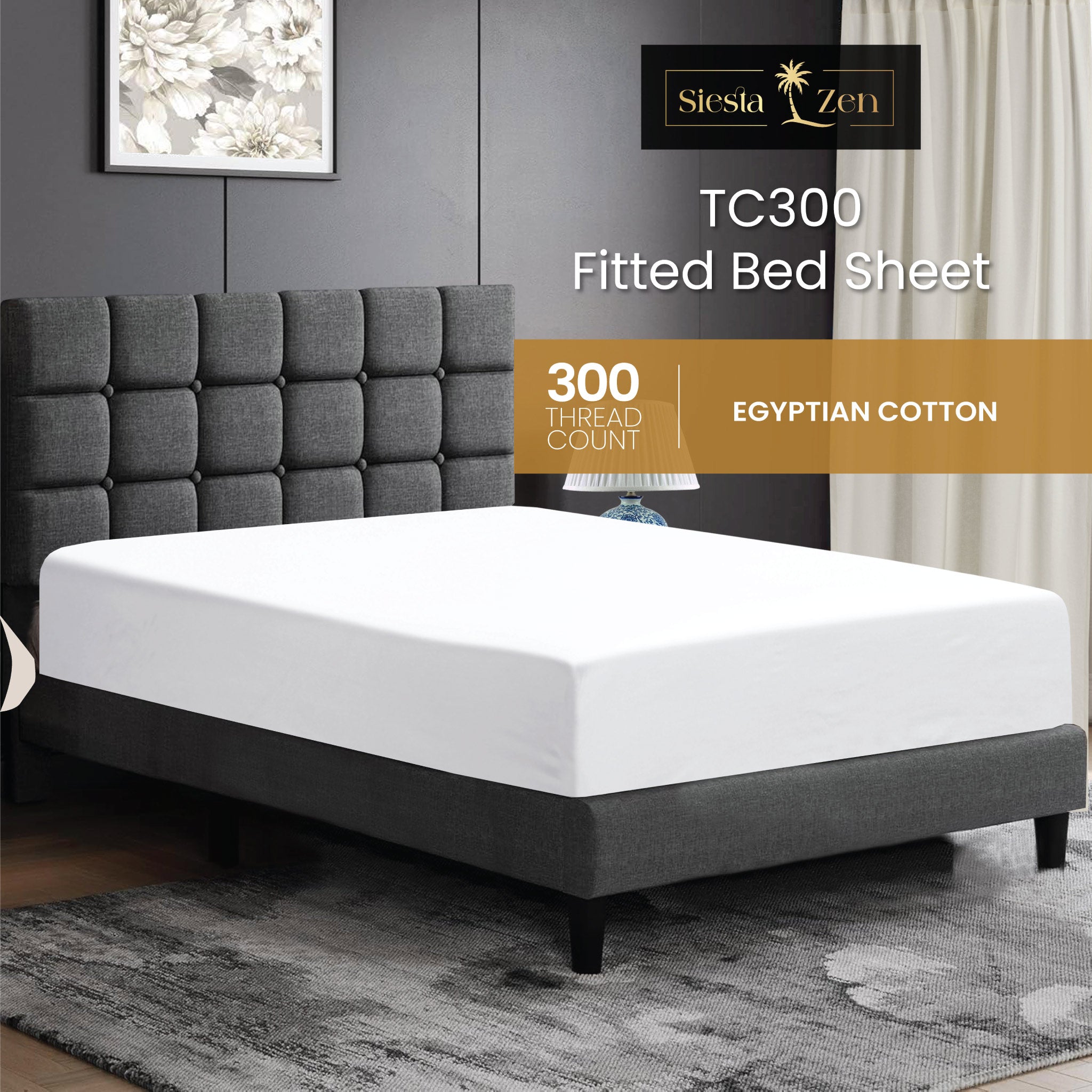 Siesta Zen 100% Egyptian Cotton Fitted Sheet – 300 Thread Count – Extra Deep 30cm Pocket