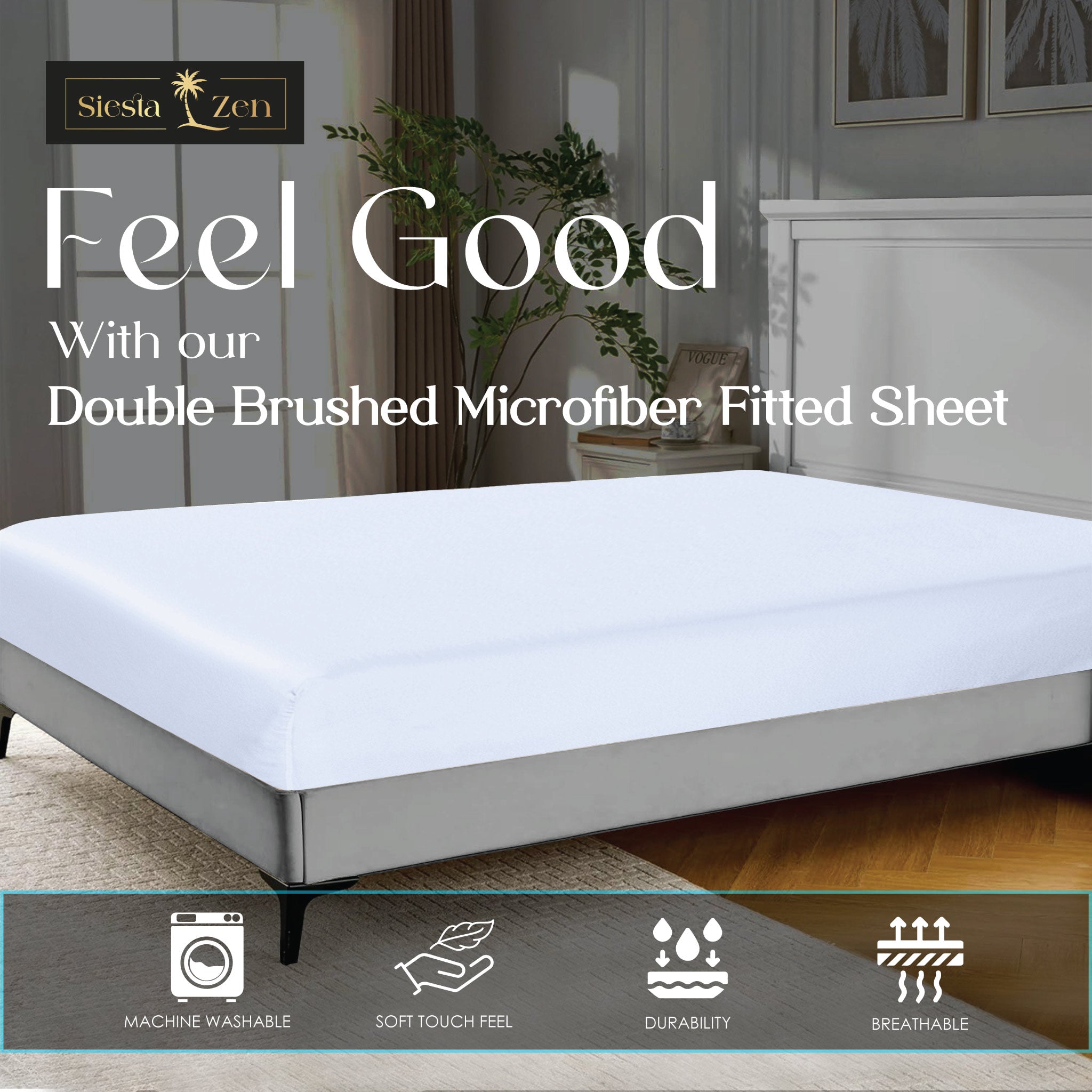 Siesta Zen Fitted Sheet Ultra-Soft Microfiber 30cm Deep Pocket, Fade & Shrink Resistant