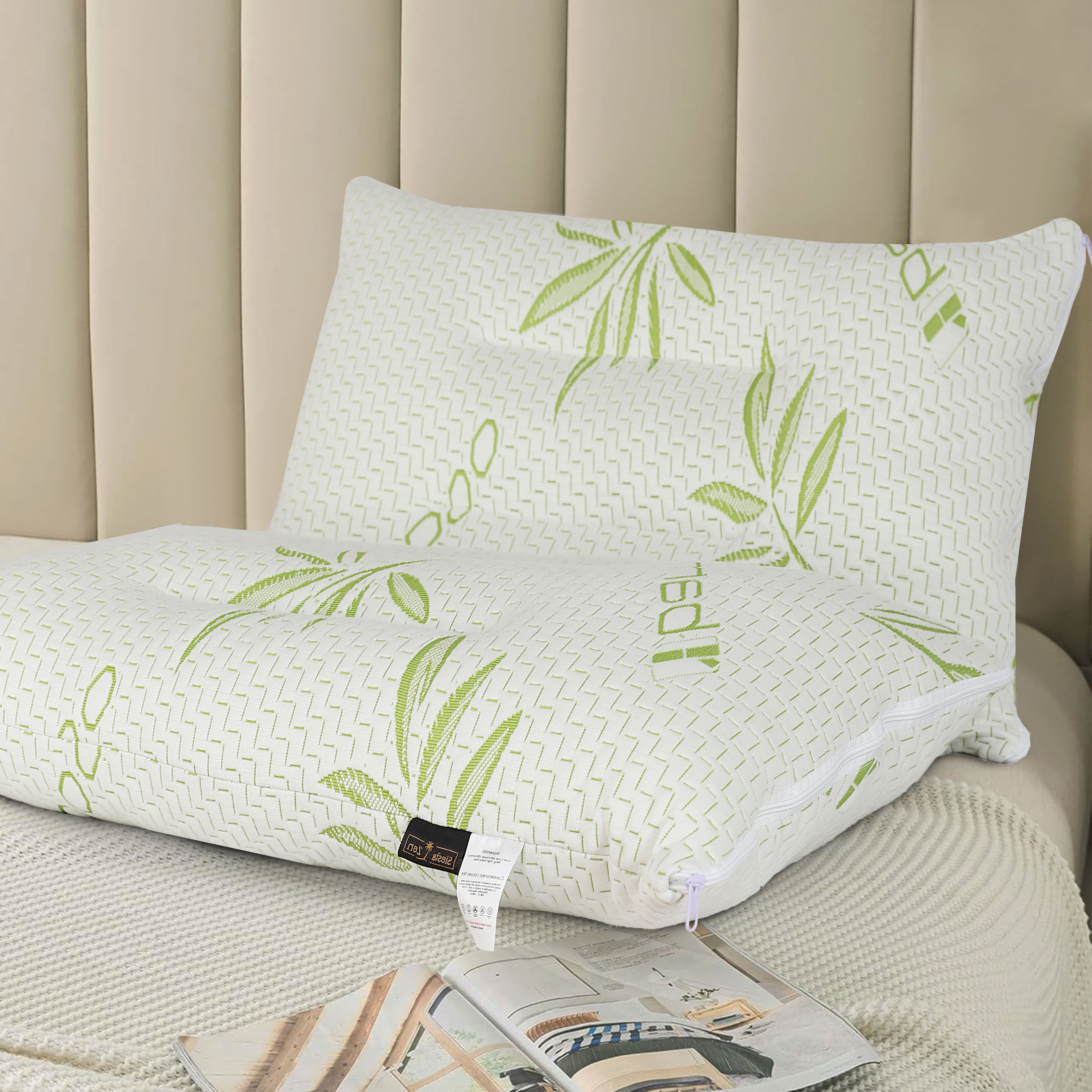 Ultimate Sleep Bamboo Filled Pillow (Pack of 2) Standard Size Ergonomic Bed Pillows with Zipper, Virgin Hollowfiber Fill, Hypoallergenic, Breathable, Cervical Neck Support for Side Sleepers (2, Green)