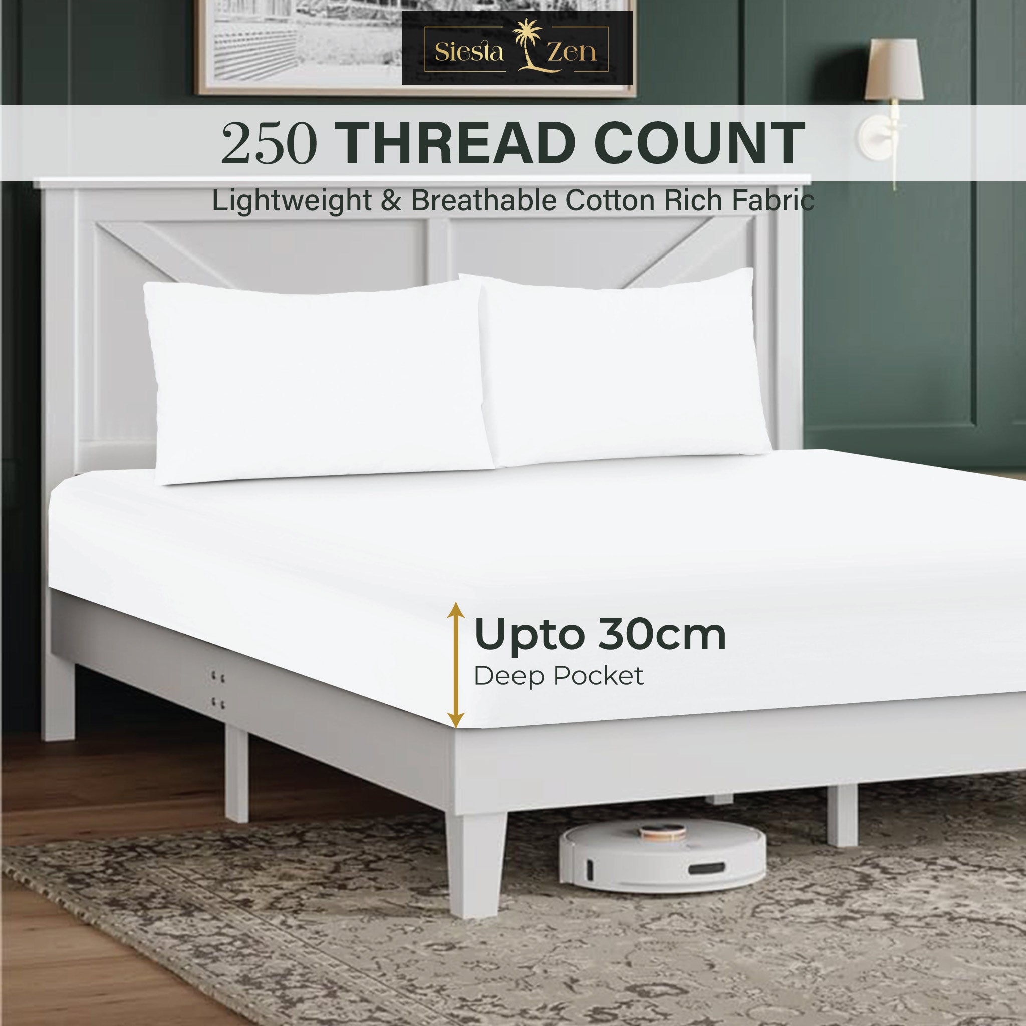 Siesta Zen 3 Piece Cotton Rich Fitted Sheet Set, 250 Thread count, 30cm Deep Pocket, Ultra Soft & Wrinkle Resistant