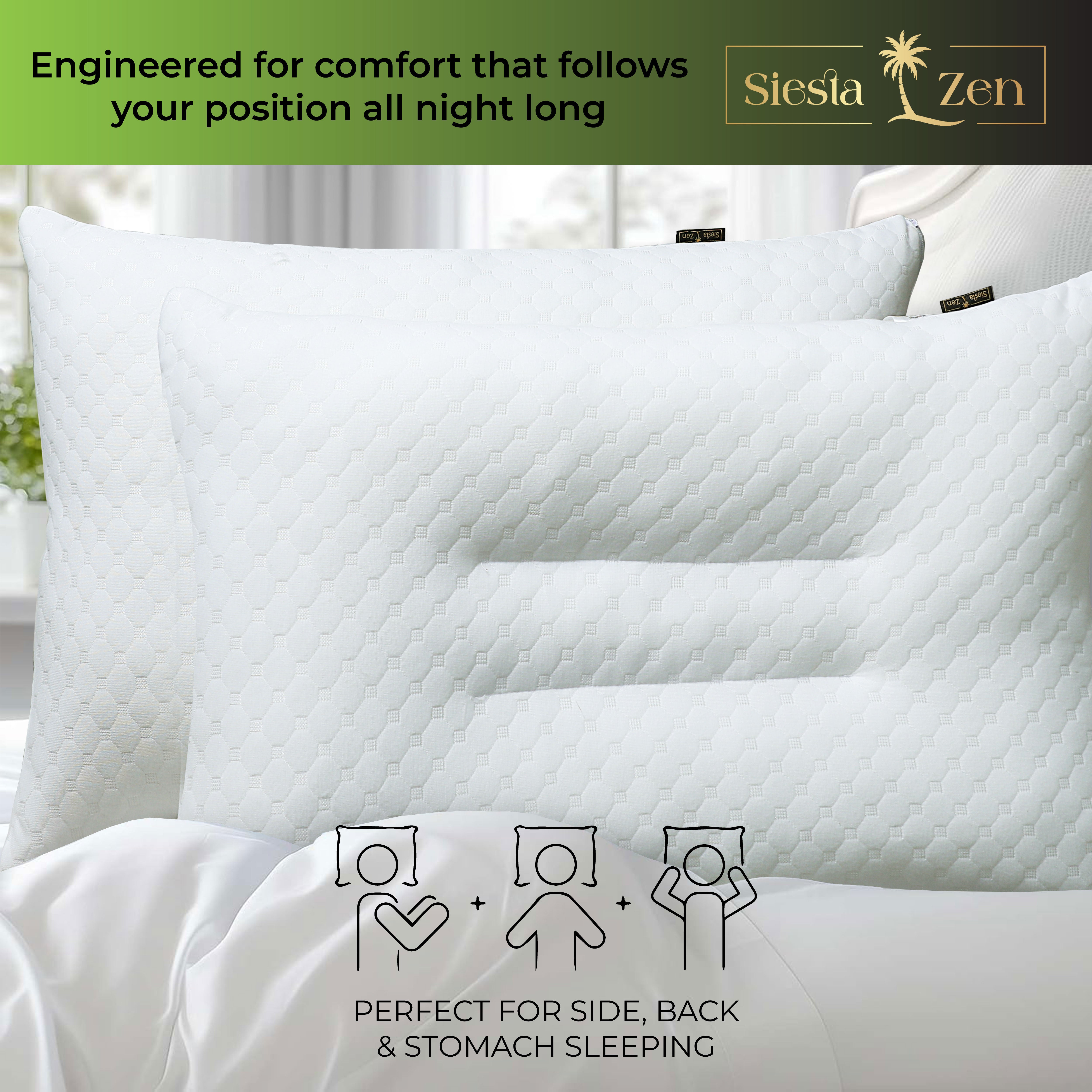 Siesta Zen Gentle Cervical Bamboo Air Flow Neck Support Pillow Filled with Vergin Hollowfiber Odorless, Ergonomic Contour Design for Neck & Spine Alignment Soft, Hypoallergenic (2, Standard Size)