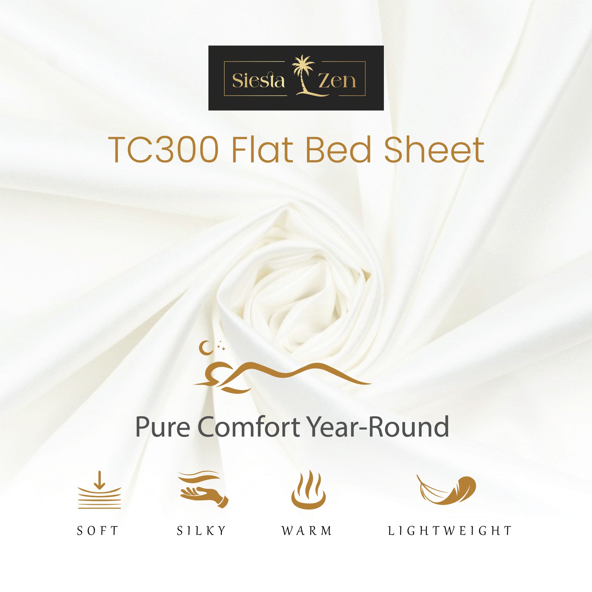 Siesta Zen 100% Egyptian Cotton Flat Bed Sheet 300 Thread Count Percale Weave, Soft, Breathable & Hotel Quality Bedding