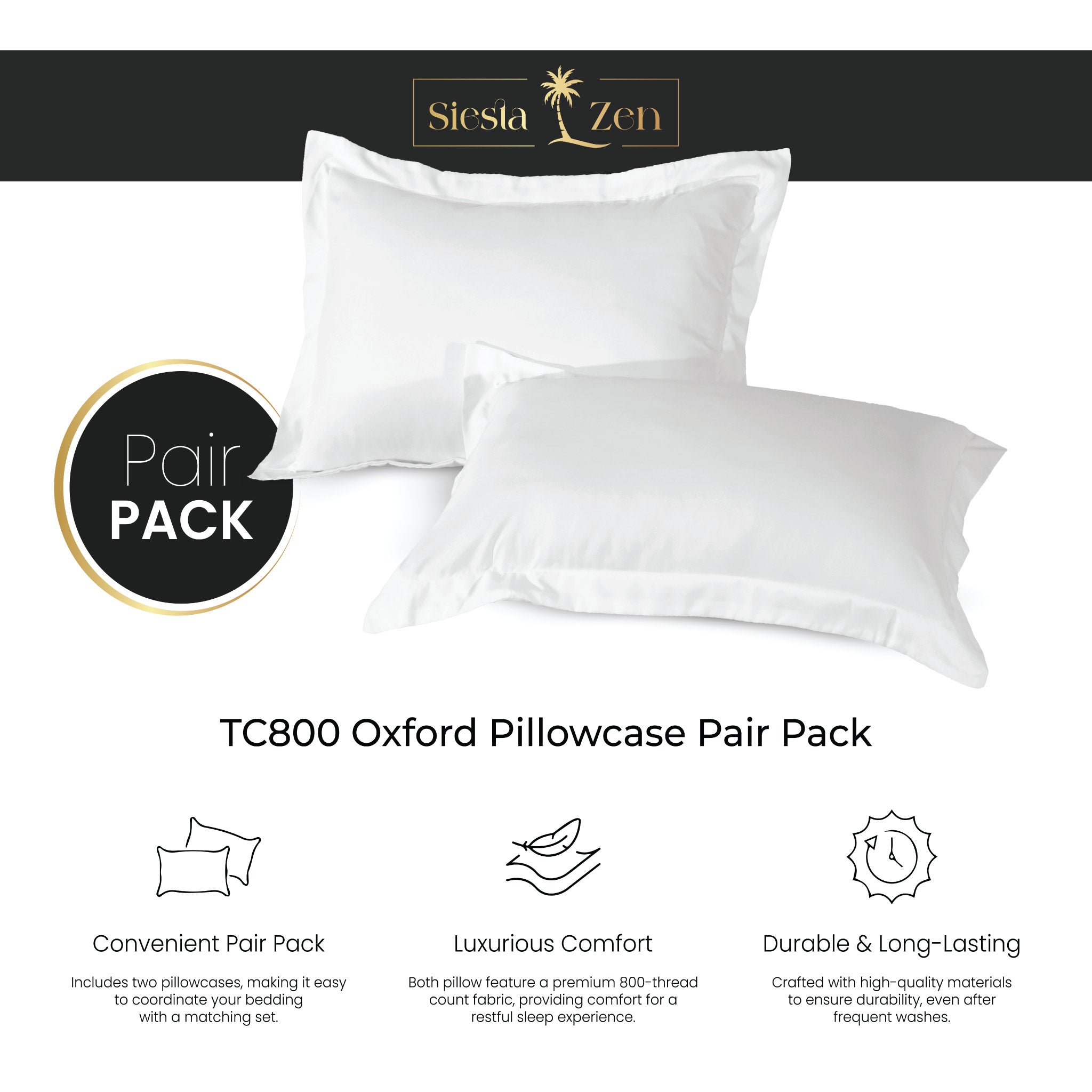 Siesta Zen 100% Egyptian Cotton 800 Thread Count Oxford Pillowcases (Pair) Luxury Cooling Sateen, Ultra-Soft, Silky & Hypoallergenic, 50x75cm with 5cm Hem