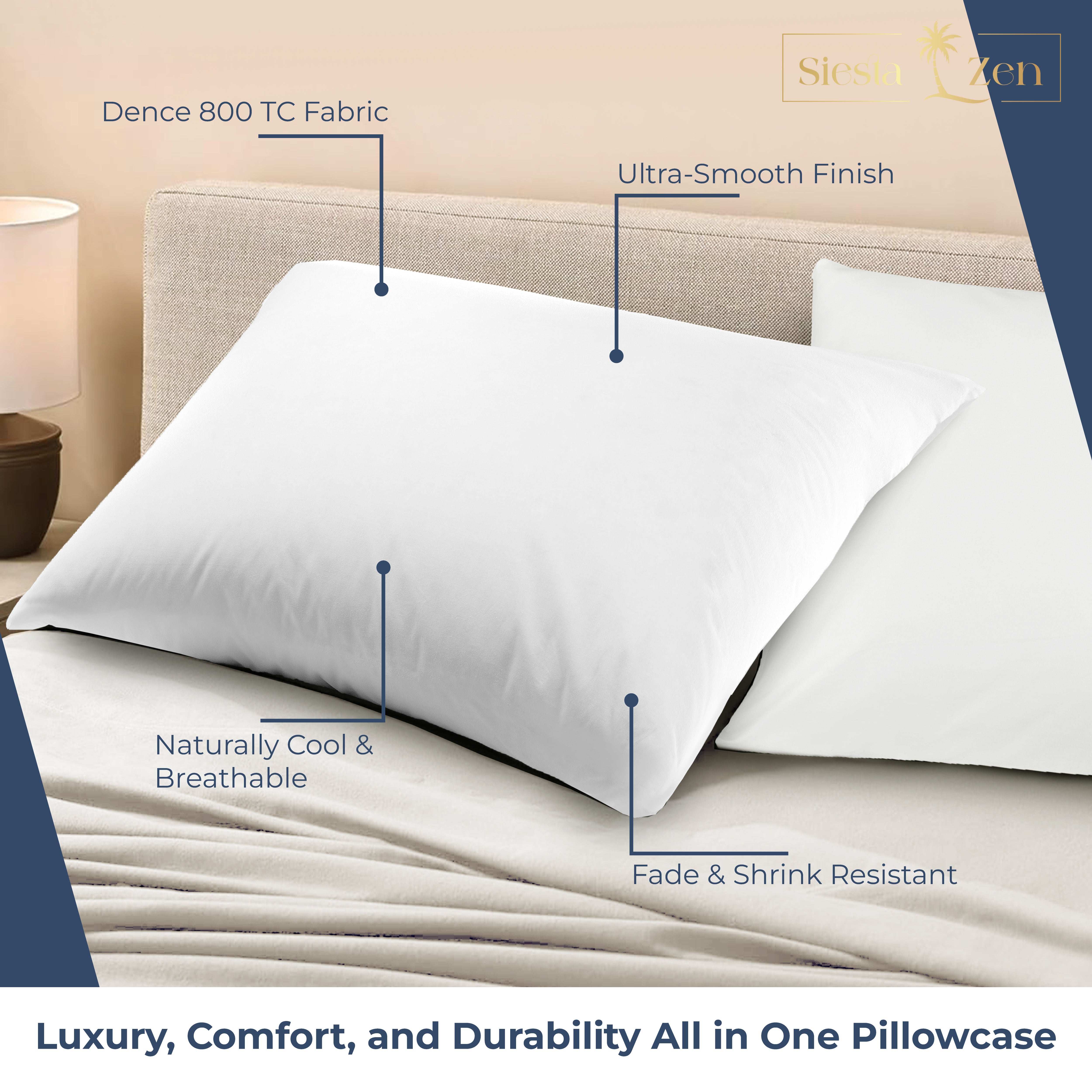 Siesta Zen 100% Egyptian Cotton Housewife Pillowcases 800 Thread Count Luxury Cooling Sateen, Ultra-Soft, Silky & Hypoallergenic 5 star Hotel Quality Standard size 50x75cm Pair pack