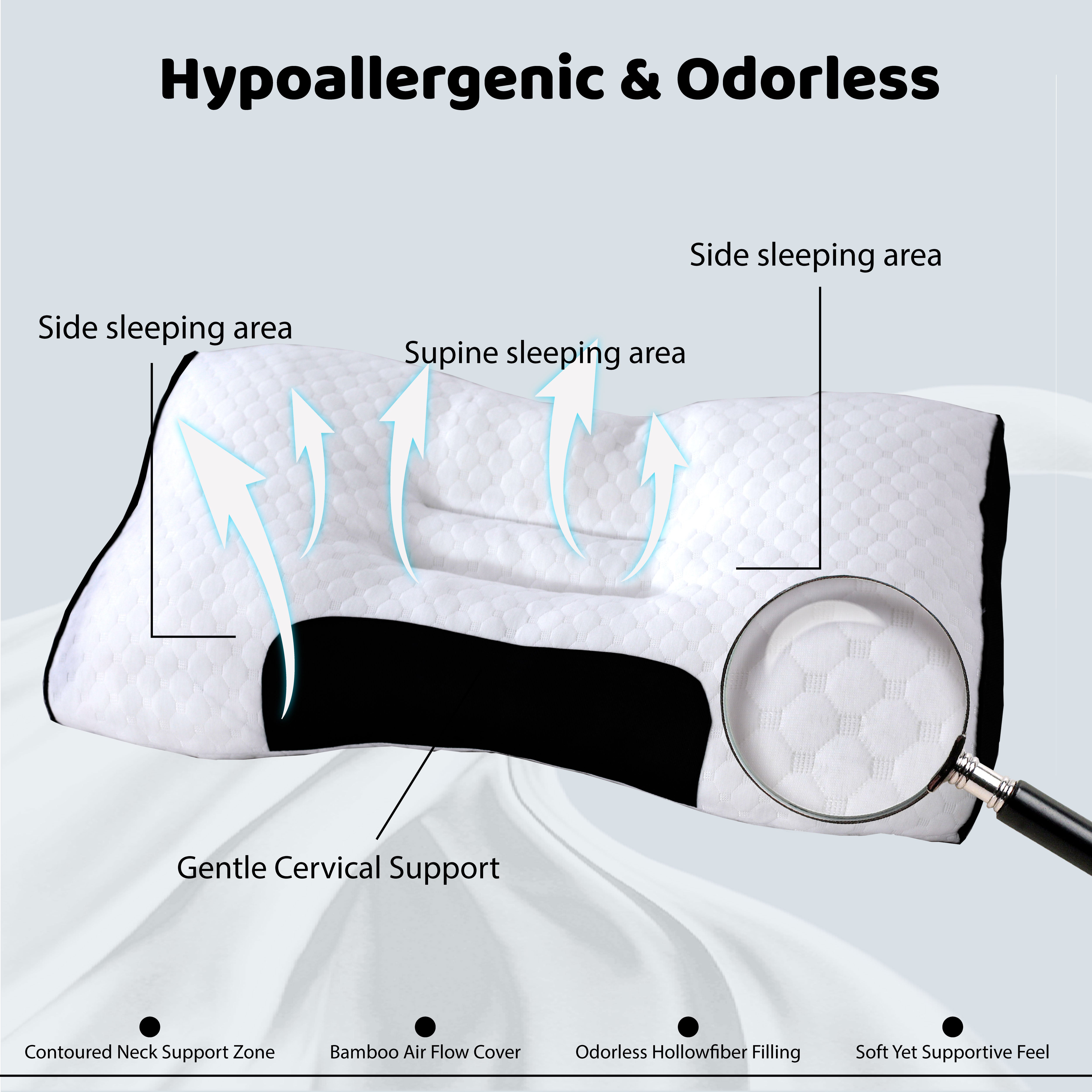 Gentle Cervical Bamboo Air Flow Neck Support Pillow Filled with Virgin Hollowfiber Odorless, Ergonomic Contour Design for Neck & Spine Alignment Soft, Hypoallergenic (Standard Size, Pack of 1 Pillow)